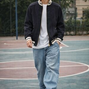 Men's Navy Bomber Jacket with Cream Contrast Trim